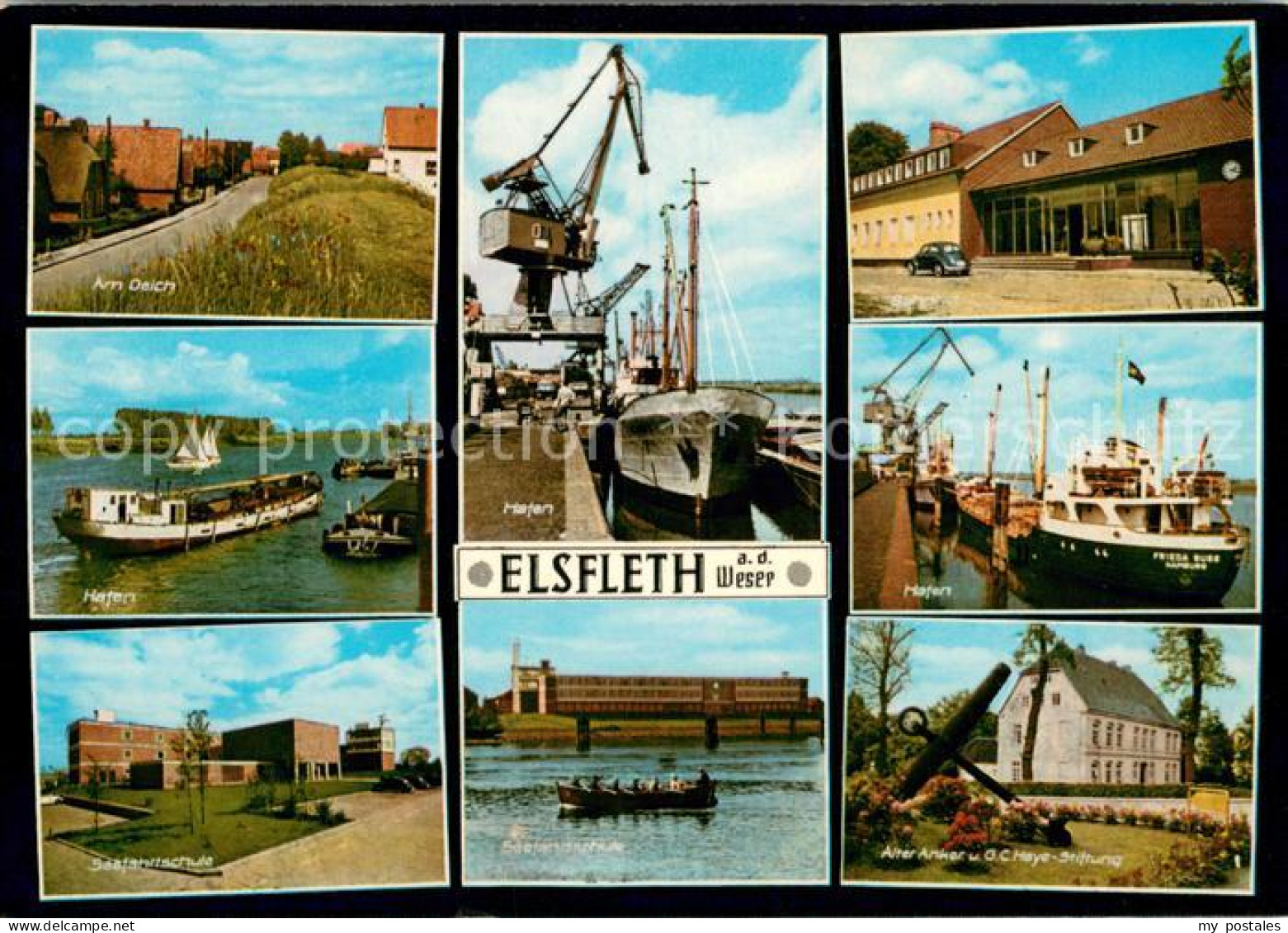 Elsfleth Wesermarsch Niedersachsen Haeuser am Deich Hafen Schiffskran Seefahrtss