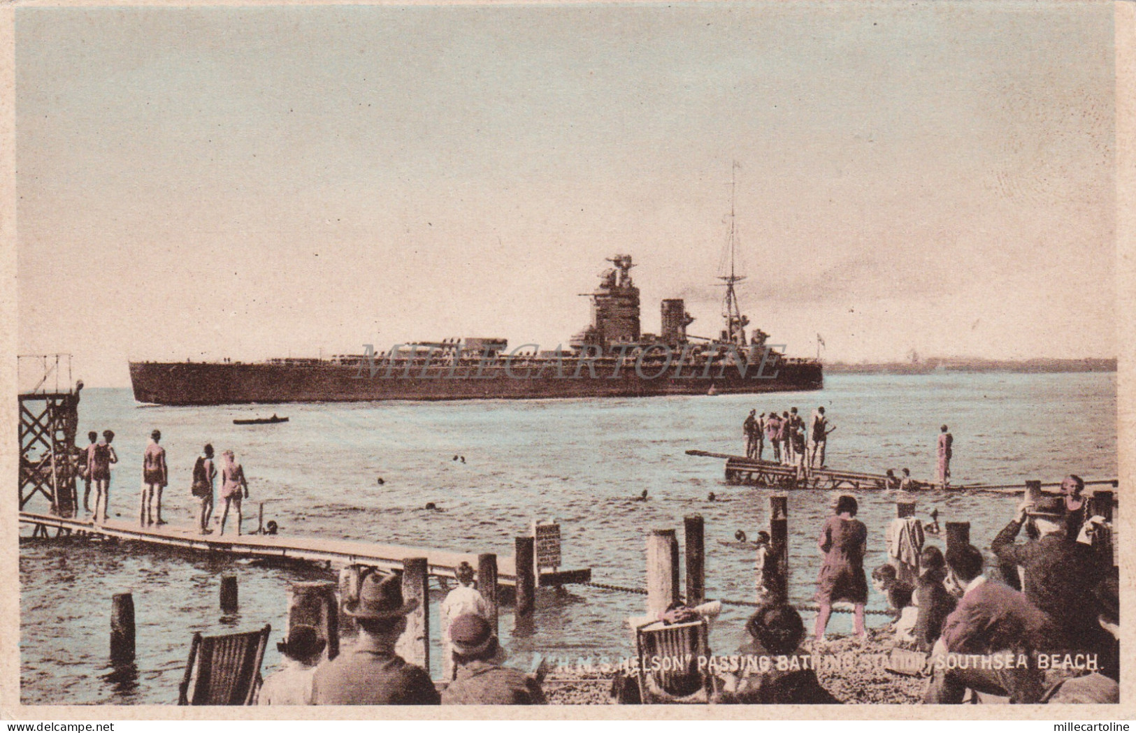 ENGLAND - H.M.S. Nelson Passing Bathing Station, Southsea, Postcard