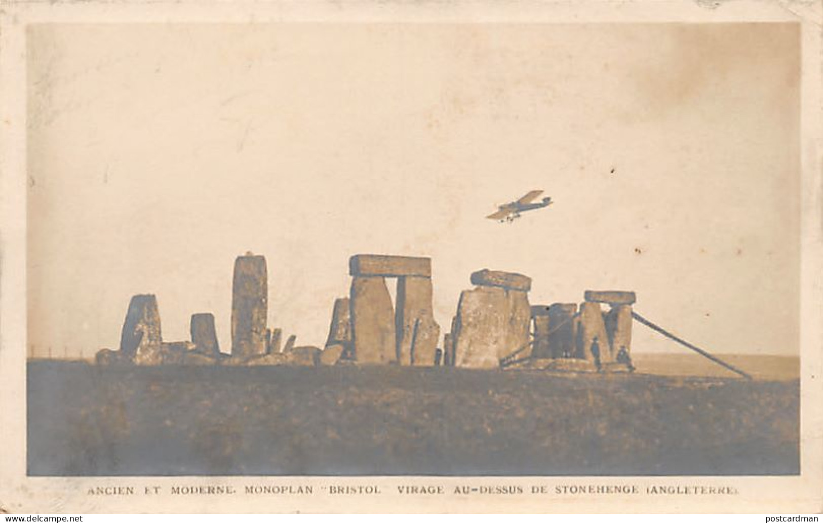 England - STONEHENGE - Ancient and Modern - Bristol Monoplane soars over megalithic structures