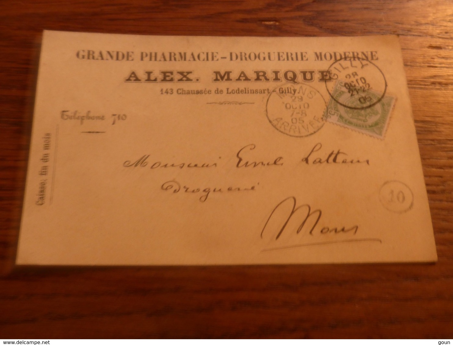 Entier postal Pharmacie Alexandre Marique Gilly 1905 cachet Gilly Mons