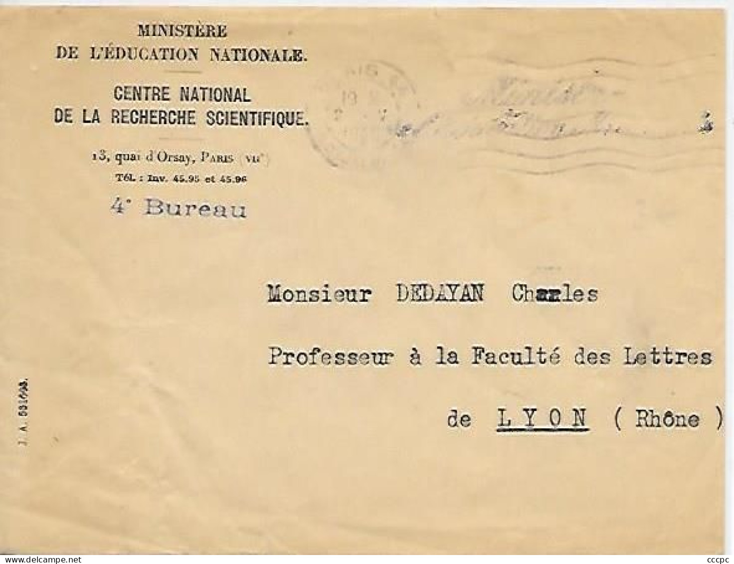 Enveloppe Paris Ministère de l'Education Nationale 13 Quai d'Orsay