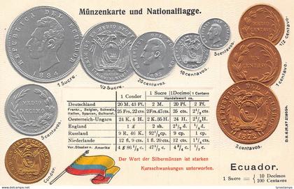 Ecuador flag embossed coins vintage postcard