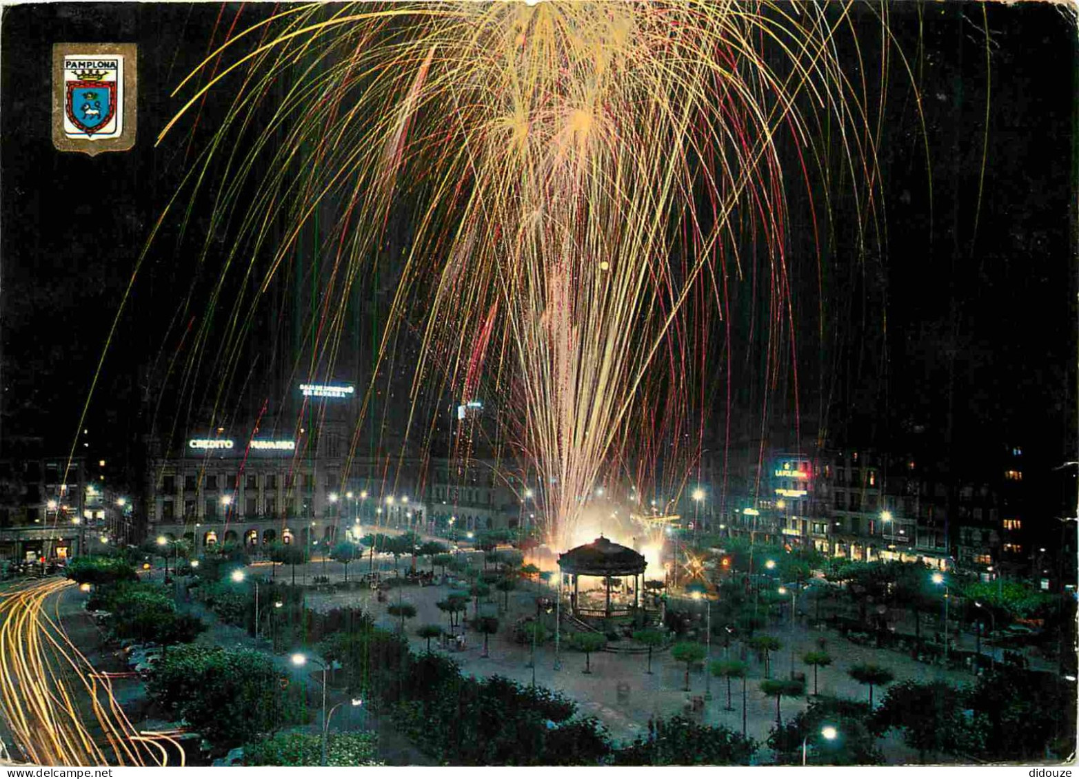 Espagne - Espana - Navarra - Pamplona - Plaza del Castillo - Place du Château - Feu d'artifices - Kiosque à Musique - CP