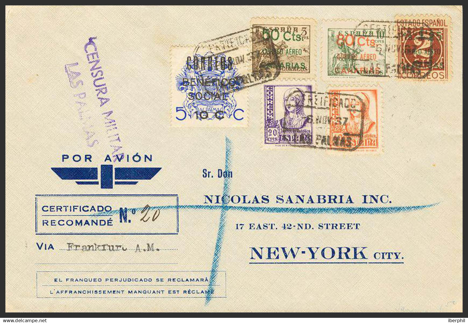 España. Canarias. Sobre 34/36. 1937. Serie completa. Certificado de LAS PALMAS