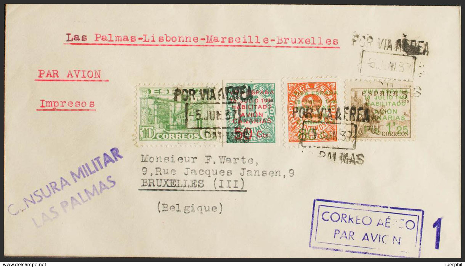 España. Canarias. Sobre 8/10. 1937. Serie completa. LAS PALMAS a BRUSELAS. Al d