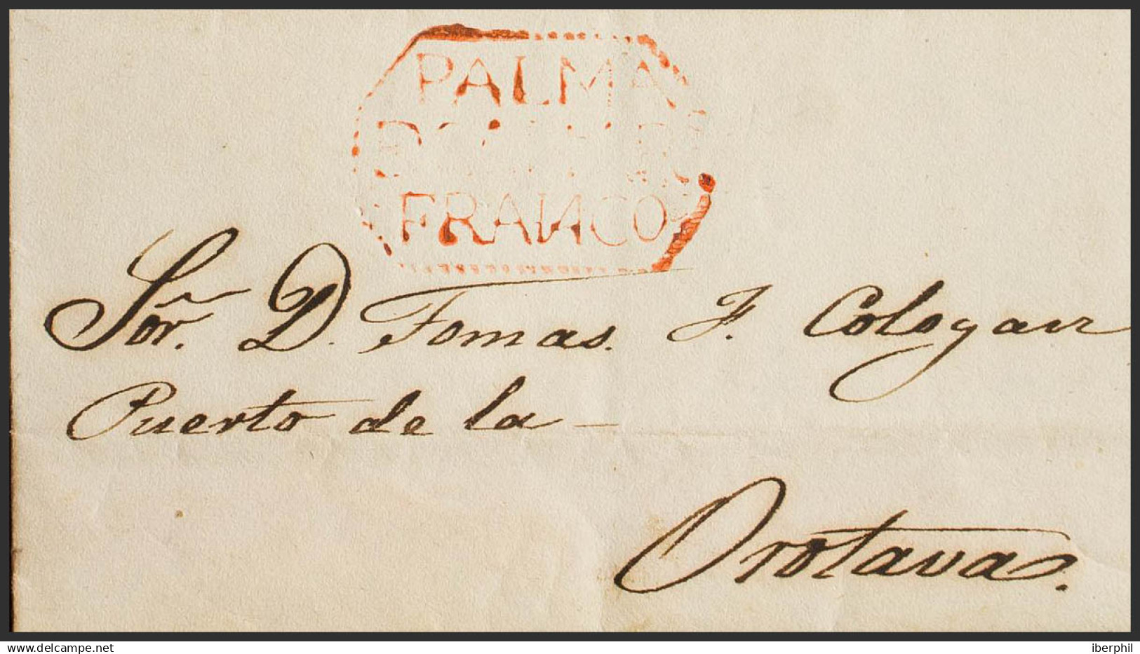 España. Canarias. Sobre1844. LA PALMA a LA OROTAVA. Marca PALMA / DE CANARS / F