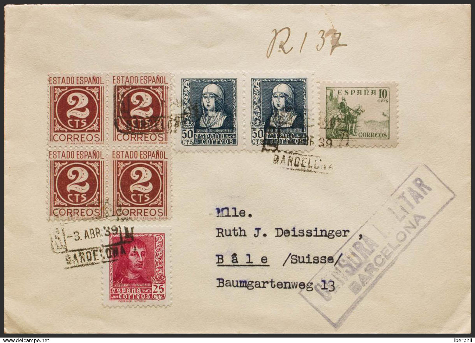 España. Estado Español Correo Certificado. Sobre 859(2), 815(4), 817, 843. 1939