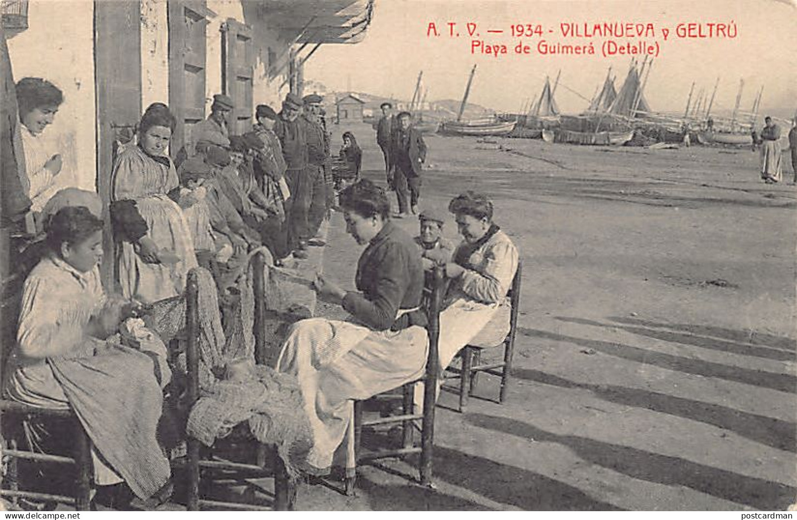 España - VILLANUEVA Y GELTRÚ (Cat.) Playa de Guimerá - Mujeres remendando redes de pesca - Ed. A.T.V. Angel Toldrá Viazo