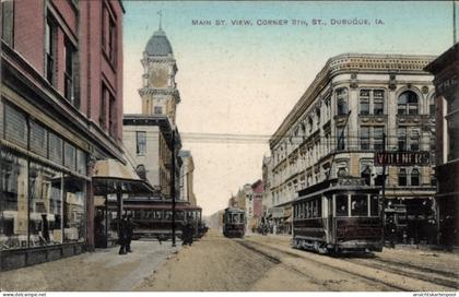 CPA Dubuque Iowa USA, Hauptstraße, Corner Street, Straßenbahnen