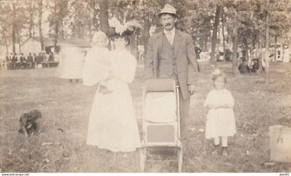Kenosha Wisconsin, Family Portrait at Picnic Celebration in Park, Baby Carriage, c1910s Vintage Real Photo Postcard