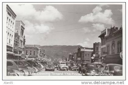 Middlesboro KY Kentucky Street Scene, Auto, Drugs Liquor Signs, on c1940s Vintage Real Photo Postcard