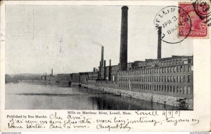 CPA Lowell Massachusetts USA, Fabriken am Merrimack River, Lowell, Mass., historische Industrie...