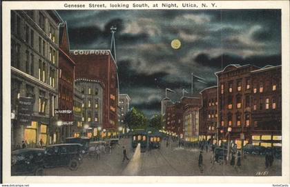 Utica New York Genesee Street at Night Moon Autos Strassenbahn