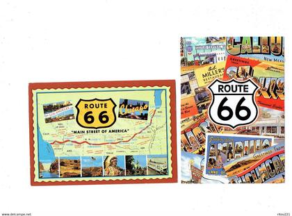 lot 2 cpm - USA - ROUTE 66 - blason - publicité BOB MILLER'S restaurant Western Motel INDIEN BISON