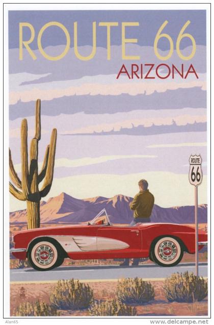 Route 66 Graphic Design, Man with Corvette Sports Car Auto, c2010s Vintage Postcard