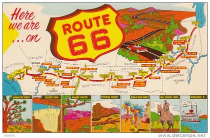 Route 66 Map and Greeting Famous Scene from Road, c1950s/60s Vintage Postcard