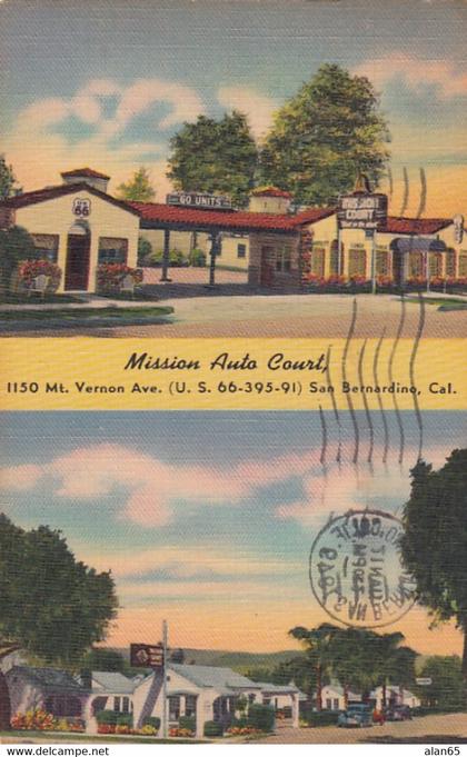 San Bernadino California, Route 66 Lodging, Mission Auto Court, c1940s Vintage Postcard