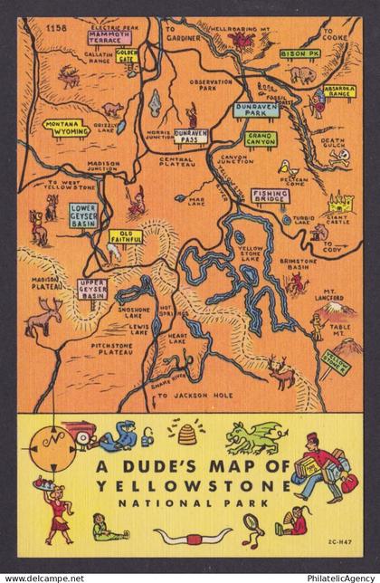 Postcard, United States, Yellowstone National Park WY, A Dude's Map