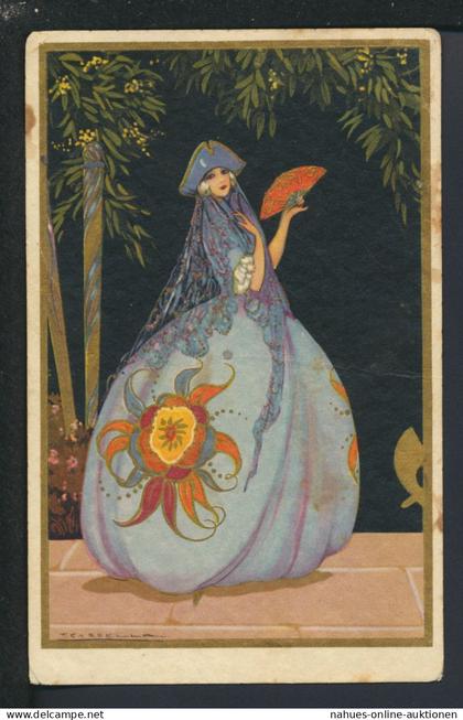 Selten schöne Art Deco Künstler Ansichtskarte Estland Rakvere Dame mit Fächer