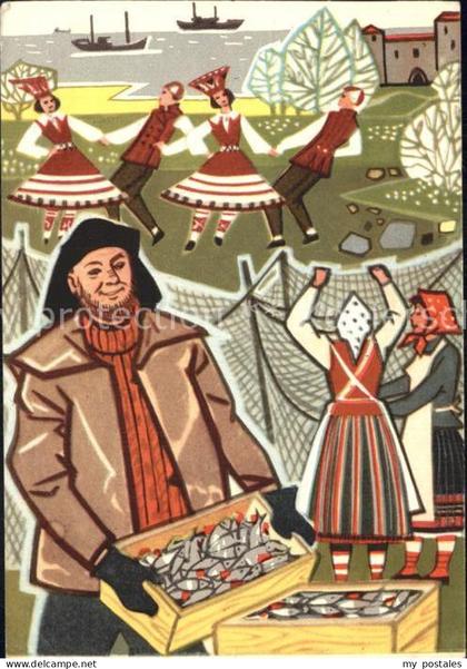 Estland Saaremaa Kuenstlerkarte Fischer Volkstanz