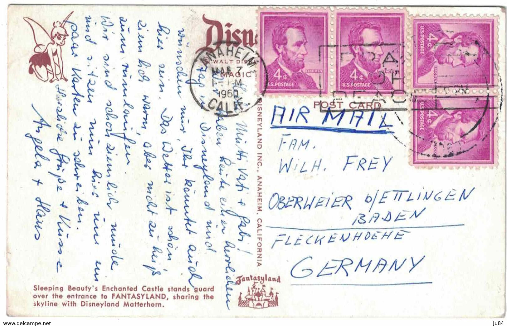 Etats-Unis - Californie - Anaheim - Carte postale pour l'Allemagne (Fleckenhdehe) - Bel Affr. - mars 1960