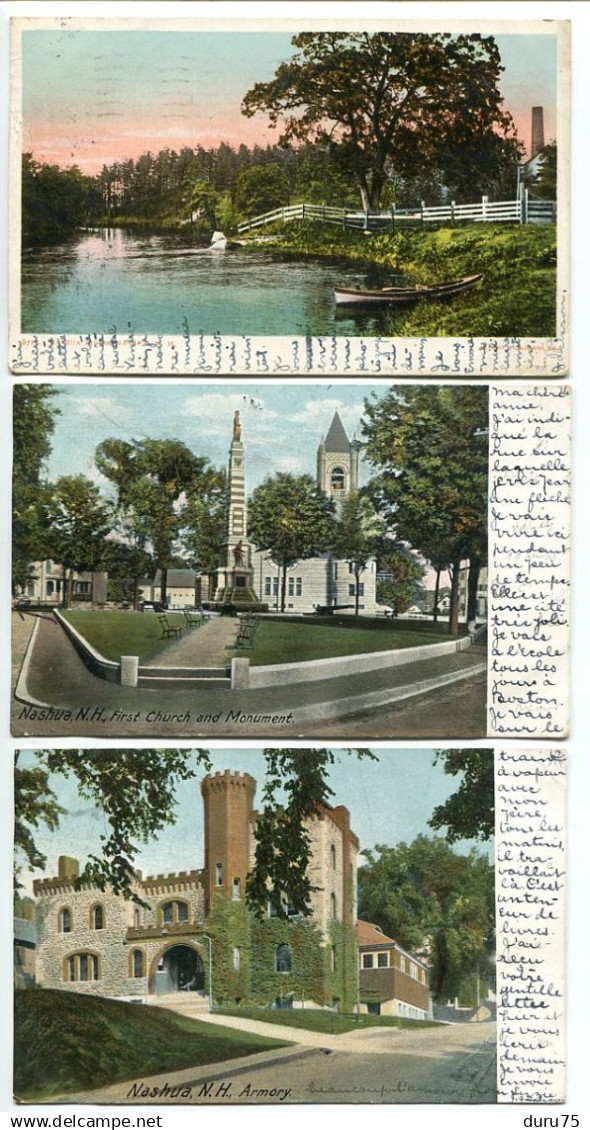 ETATS UNIS - NH * LOT de 3 CP Voyagé 1905 * NASHUA Nashua River / First Church and Monument / Armory * Dos simple