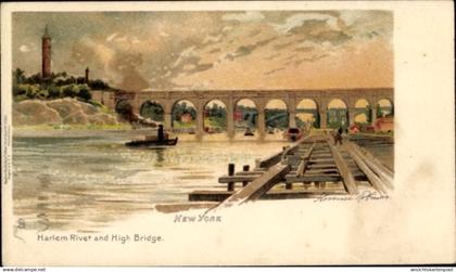 CPA Manhattan New York City USA, Harlem River, High Bridge, Wasserfahrt, Sonnenuntergang