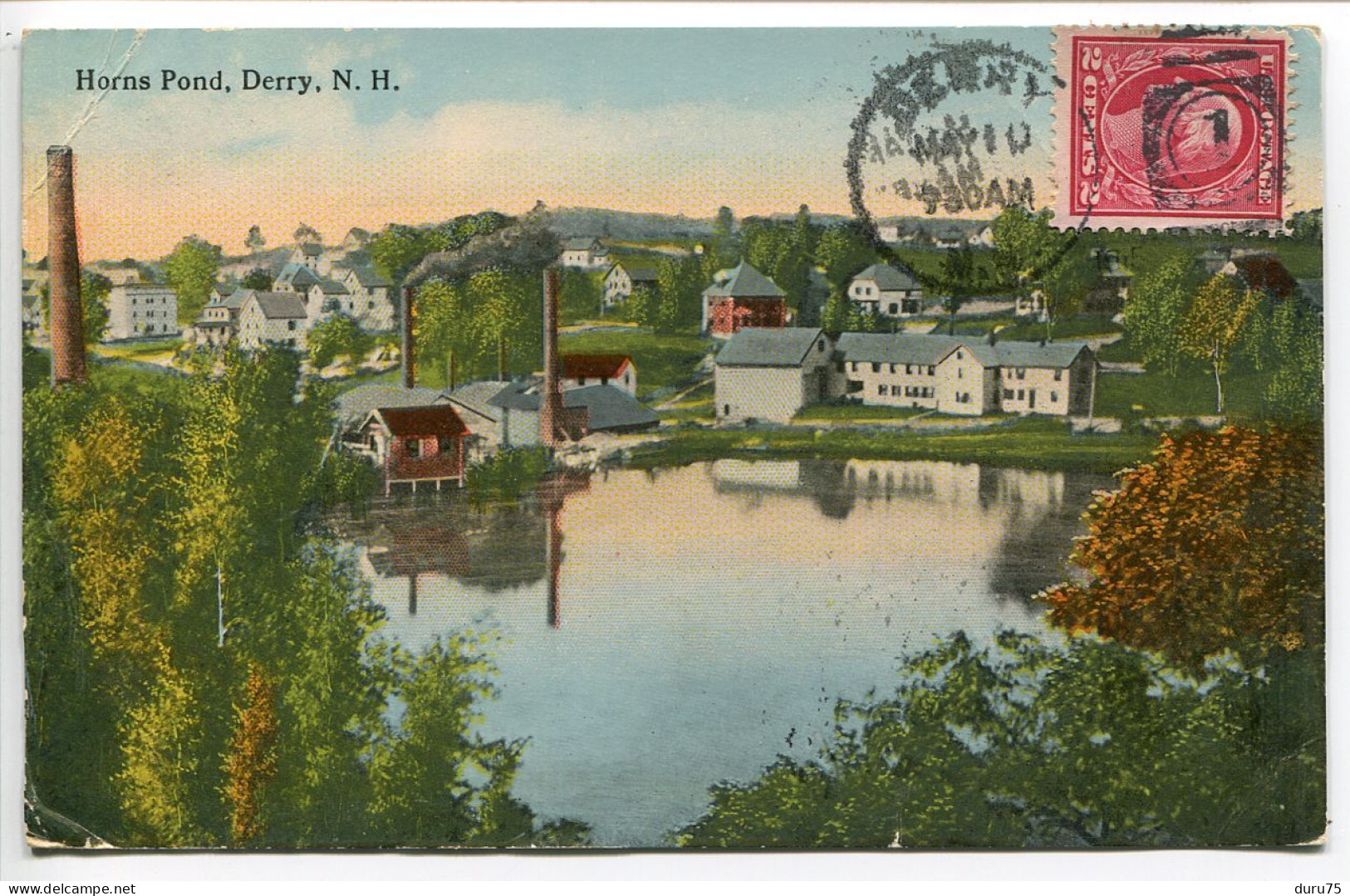 ETATS UNIS - U.S.A. NH ○ Voyagé 1915 ○ DERRY Horns Pond ( Étang des Cornes - Cheminée usine village )