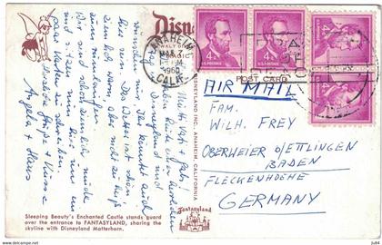 Etats-Unis - Californie - Anaheim - Carte postale pour l'Allemagne (Fleckenhdehe) - Bel Affr. - mars 1960