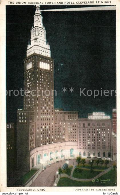 Cleveland Ohio Union Terminal Tower and Hotel Cleveland at night Illustration
