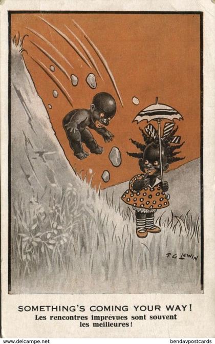 Black Americana, "Something's coming your Way!", Signed Lewin (1920) Postcard