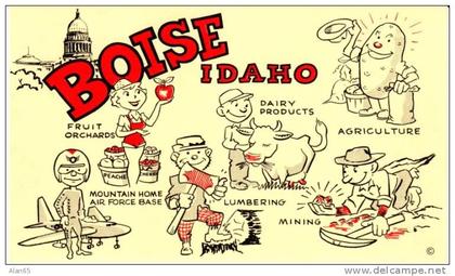 Boise ID Idaho, Greetings From Boise Type, Air Force Jet, Potato, Mining,  c1958 Vintage Postcard