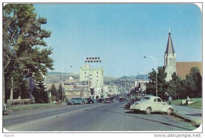 Bozeman MT Vintage Chrome Street Scene Postcard, 1940s Autos, Hotel Baxter, Church, Lumber Company