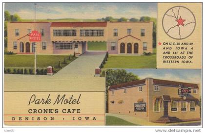 Denison Iowa, Park Motel and Cronk's Cafe Restaurant on Vintage Curteich Linen Postcard