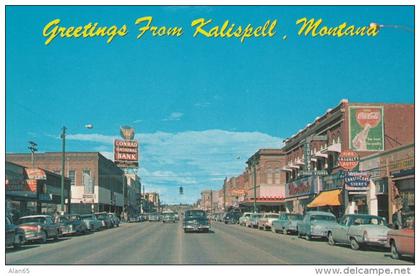 Kalispell Montana, Business District Street Scene, Autos, Signs, c1950s Vintage Postcard