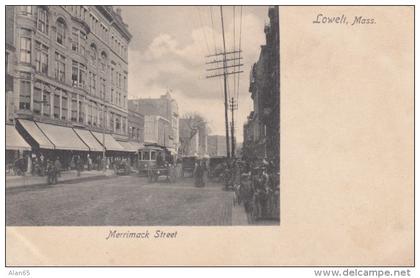Lowell Massachusetts, Merrimack Street Scene, Street Car, c1900s Vintage Postcard