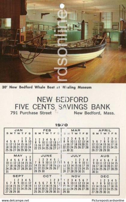 NEW BEDFORD FIVE CENTS SAVING BANK 791 PURCHASE ST NEW BEDFORD MASS.  OLD COLOUR POSTCARD USA AMERICA CALENDAR  1970