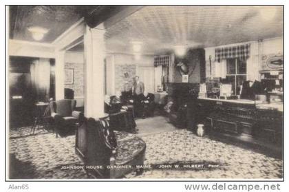 Gardiner ME Maine, Johnson House, Lodging, Lobby Interior View, Decor, c1930s Vintage Postcard