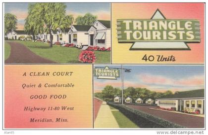 Meridian Mississippi, Triangle Tourists Cabins Lodging Motel, on 40s/50s Linen Postcard