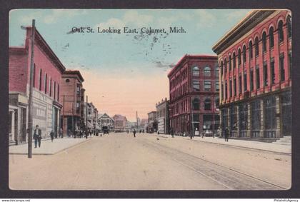 Vintage postcard US Calumet MI Michigan Oak Street Business District Views 1917