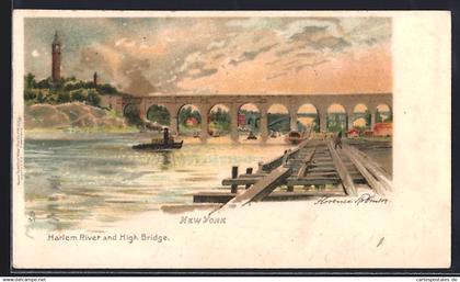 Künstler-Lithographie New York, NY, Harlem River and High Bridge