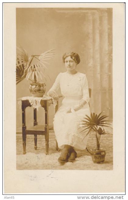 Banks or North Plains OR Oregon, Young Woman Sits in Chair, Studio(?) Picture, c1910s Vintage Real Photo Postcard