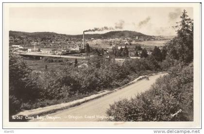 Coos Bay OR Oregon, Oregon Coast Highway, View of Town, on c1940s Vintage Real Photo Postcard