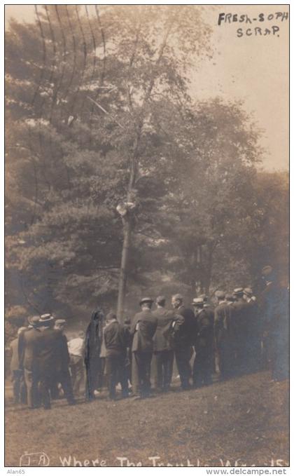 Meadville Pennsylvania, Allegheny College(?) Freshment-Sophomore Scrap Man in Tree, c1900s Vintage Real Photo Postcard