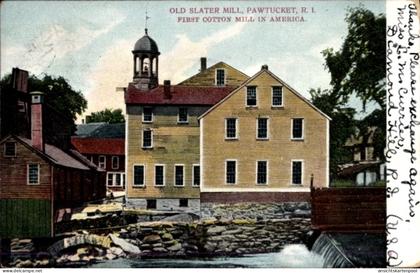 CPA Pawtucket Rhode Island USA, Alte Slater-Mühle, erst Baumwollmühle in Amerika, Gebäude in Fa...