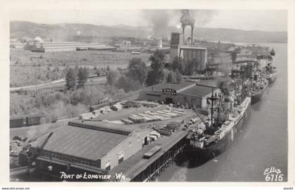 Longview Washington, Port of Longview Facility, Ships on Columbia R, c1940s Vintage Ellis #6715 Real Photo Postcard