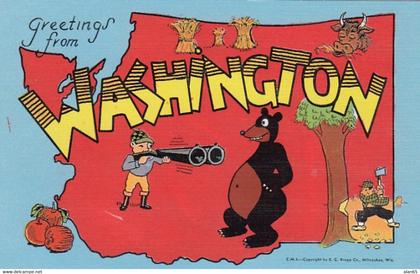 Washington State Greetings from Map, Man Gun Bear, Apples, Lumberjack c1930s/40s Vintage Linen Postcard