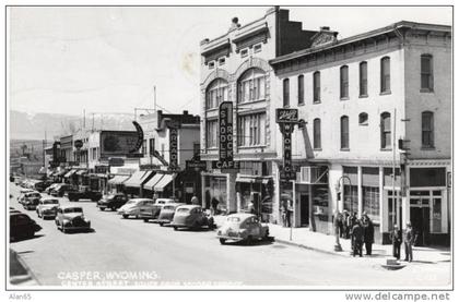 Caper WY Center Street, Animated Street Scene, Schlitz Beer Signs, 40s Autos Real Photo Postcard