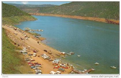 Flaming Gorge Lake WY Wyoming Utah Border, Boating Autos , c1950s/60s Vintage Postcard