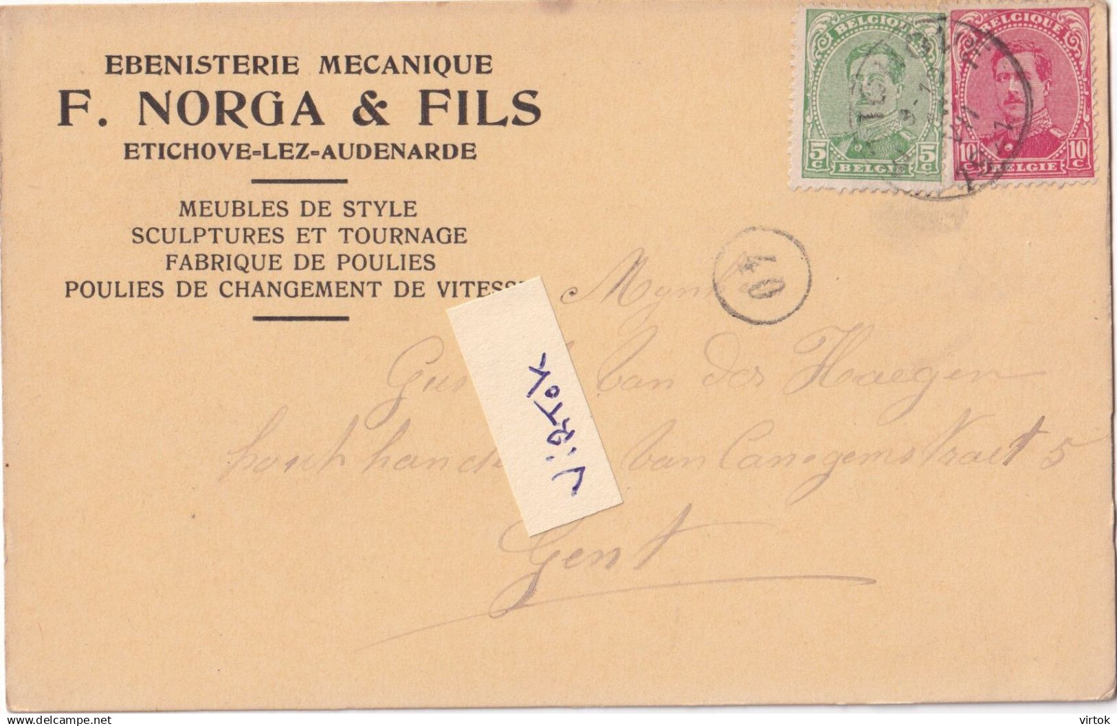 Etikhove : ebenisterie mecanique :  F. Norga ² Fils  (  zie detail )   1921